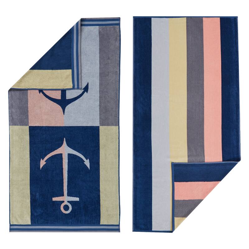 Luxurious Cotton Printed Beach Towel - 30" x 60" - Anchor / Stripe