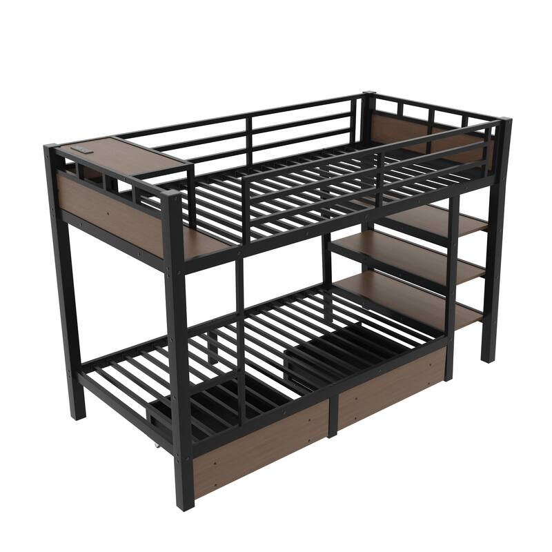 Roomfitters Metal Bunk Bed with Storage Drawers and Shelves, LED Lights and USB, Black