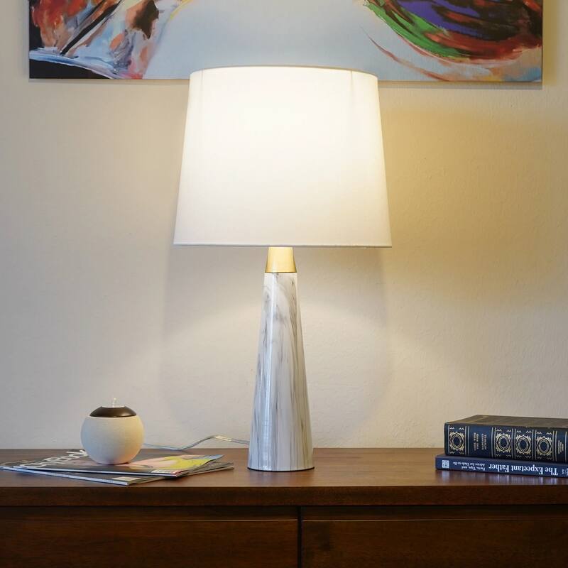 Enclave Hydro White Table Lamp with On/Off Switch Faux Marble Base Fabric Shade