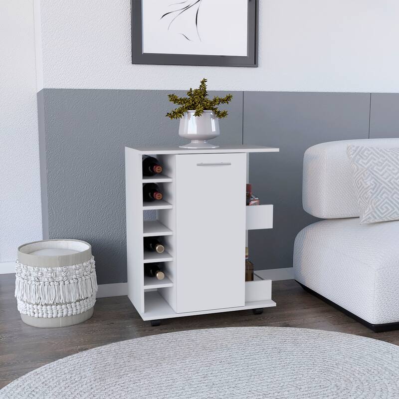 White 4-wheel bar cart cabinet for kitchen or living room, with 6 side built-in bottle racks, 1 interior shelve, 2 side shelves