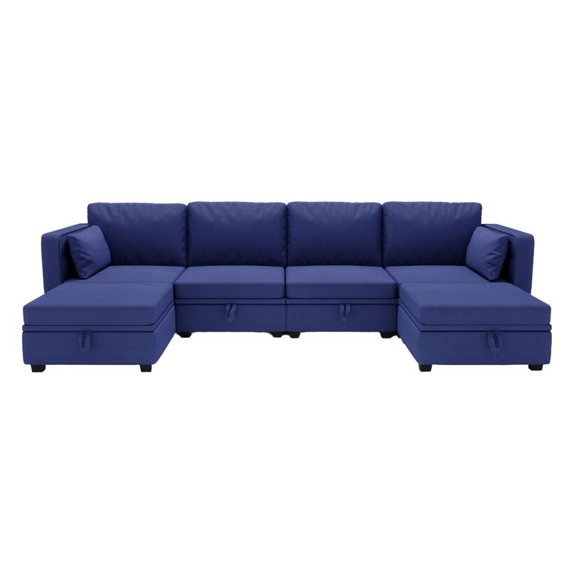 Linen Fabric U Shaped Modular Couch Set with Ottomans and Storage Seats