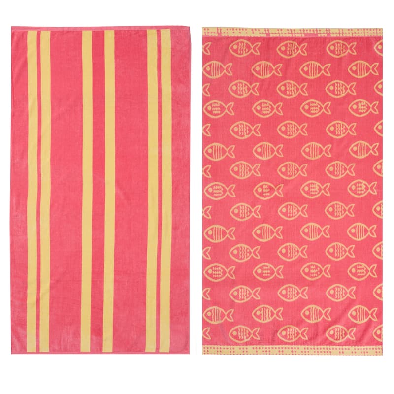 Luxurious Cotton Printed Beach Towel - Pink Fish & Stripes