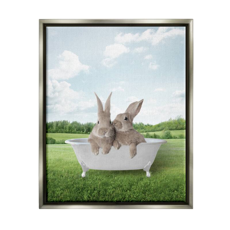 Stupell Bunnies in Tub Landscape Framed Floater Canvas Wall Art Design by Lettered and Lined - 17 x 21 - Grey