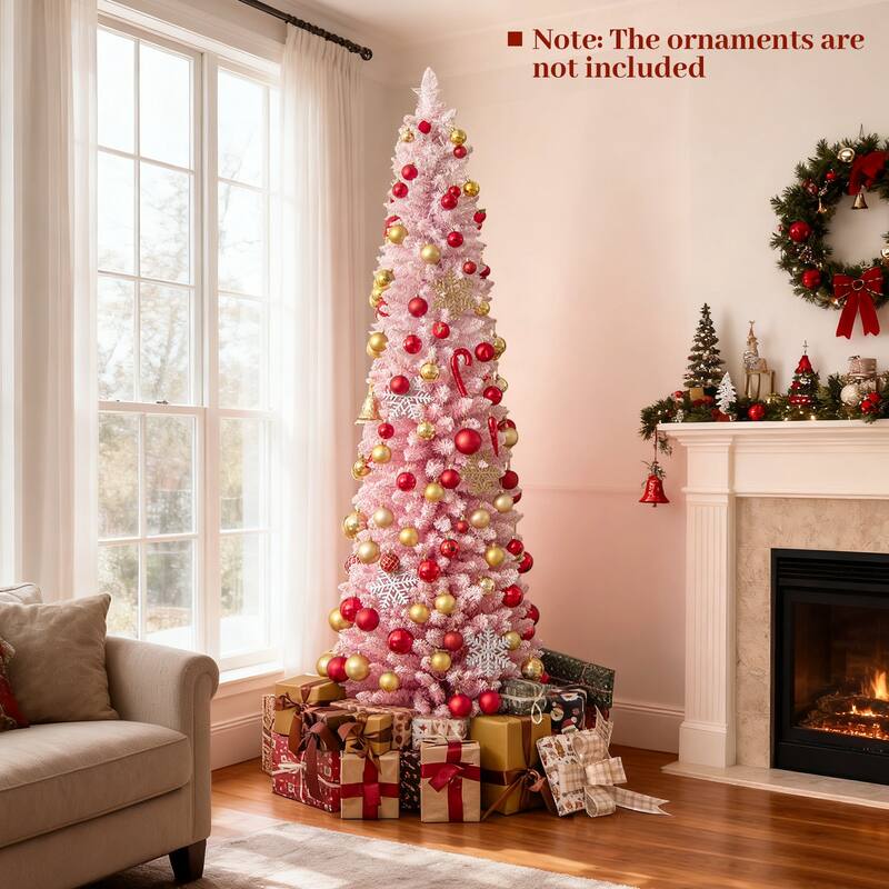Pink Slim Christmas Tree with LED Lights and Snow-Flocked PVC Branches Included Metal Stand and Gloves