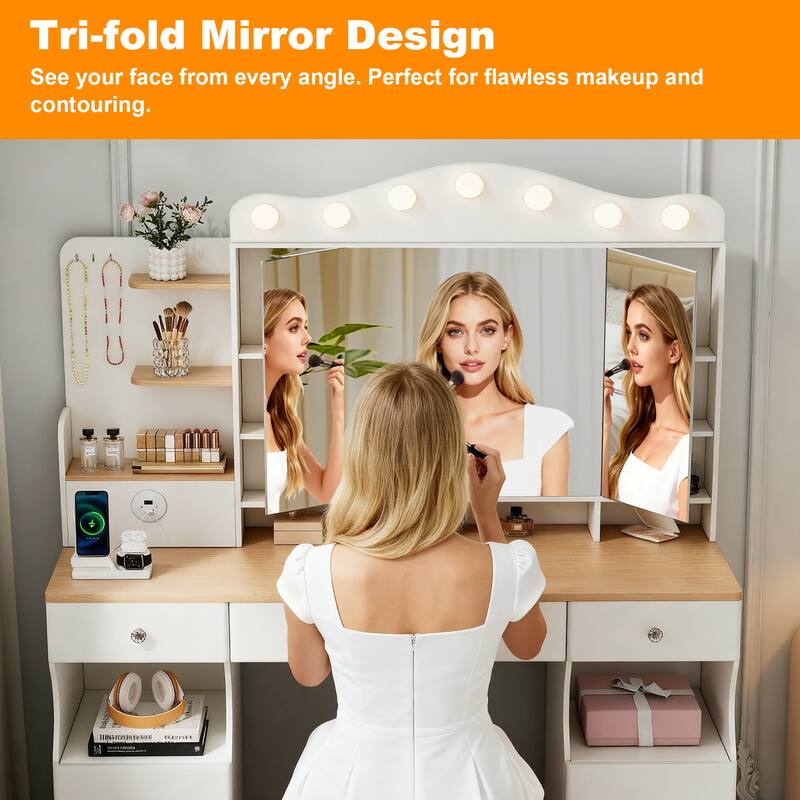 Vanity Desk with Mirror and Lights,Makeup Vanity with 2 USB Power Strip, Vanity Set with Three Drawers and Two Cabinet