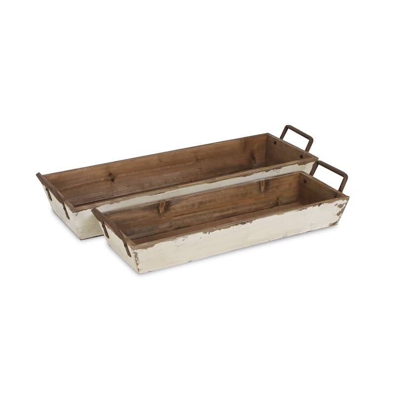 White Wooden Tapered Storage with Side Metal Handles (Set of 2) - White