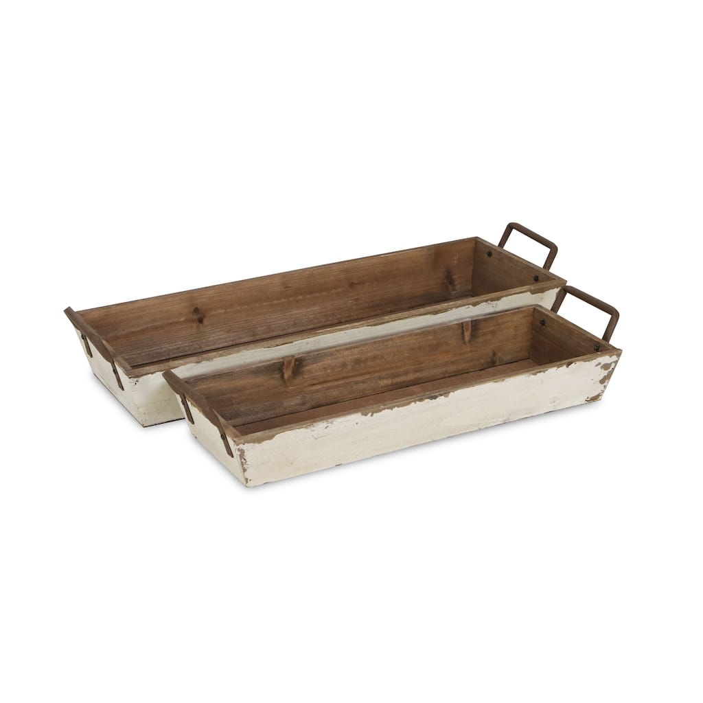White Wooden Tapered Storage with Side Metal Handles (Set of 2)