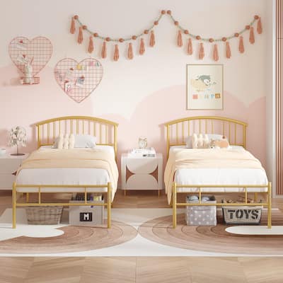 14 Inch Twin Size Bed Frame Metal Platform Bed with Spindle Headboard Footboard Set of 2