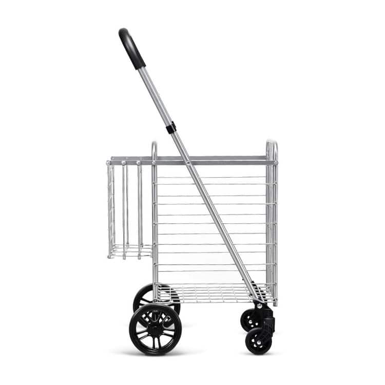 Lightweight Folding Shopping Cart with Double Basket and Adjustable Handle on Wheels - 17" x 19" x 35"/37.5" (L x W x H)