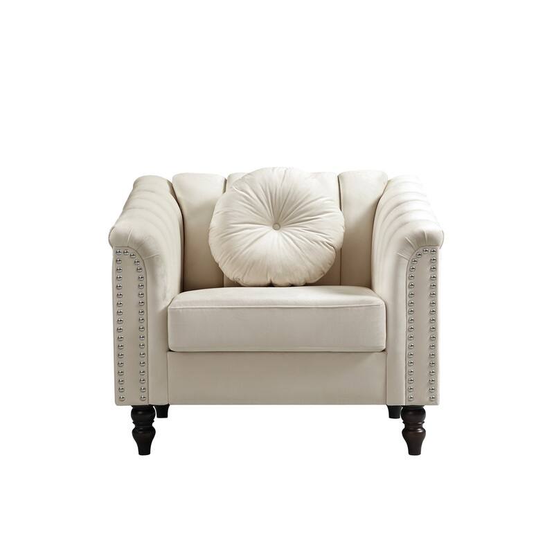 Modern Upholstered Single Sofa with Ergonomic Back & Solid Wood Legs - White