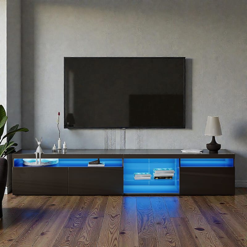 94.5" LED TV Stand with Glass Shelves, Modern Media Console for TVs up to 105" for Living Room, Storage Cabinets - Black