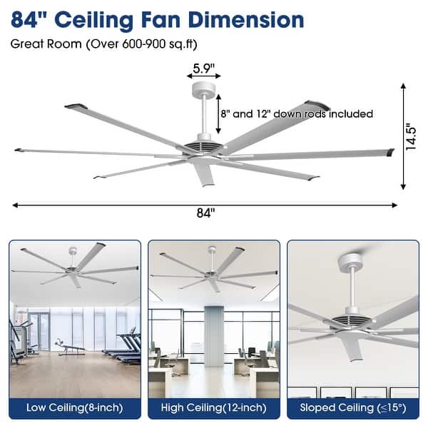 dimension image slide 2 of 3, 84" Industrial Aluminum Warehouse Black Extra Large Ceiling Fan with Remote - 84" Big Ceiling Fan