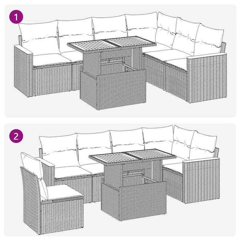 vidaXL Patio Sofa Set with Cushions Sofa Sections 7 Piece Poly Rattan Acacia - 21.7 x 39.4 x 28.7 in