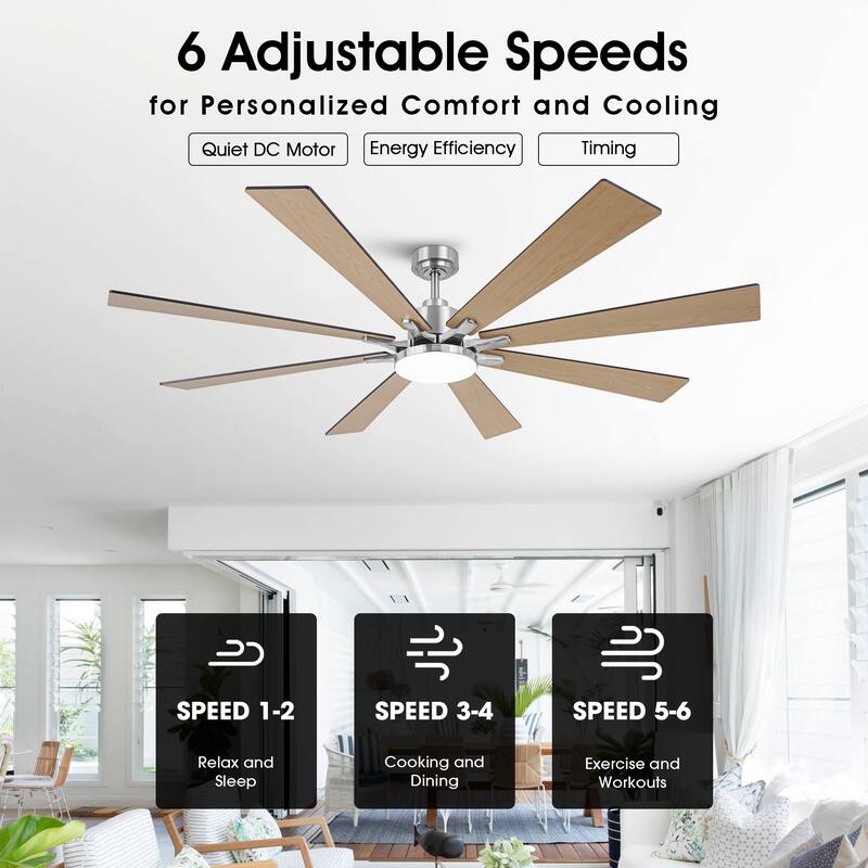 72-in Brushed Nickel Reversible 8-Blade Large Industrial Smart Ceiling Fan with Light and APP Control