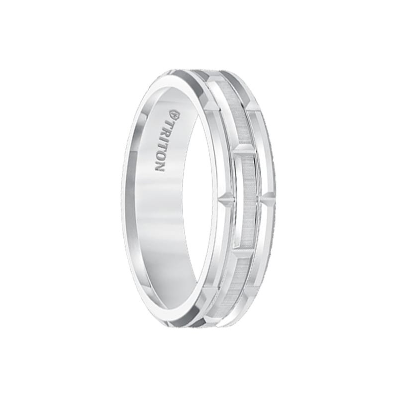Triton Ring Black and White Tungsten Carbide Comfort Fit Band with Brick Engraving