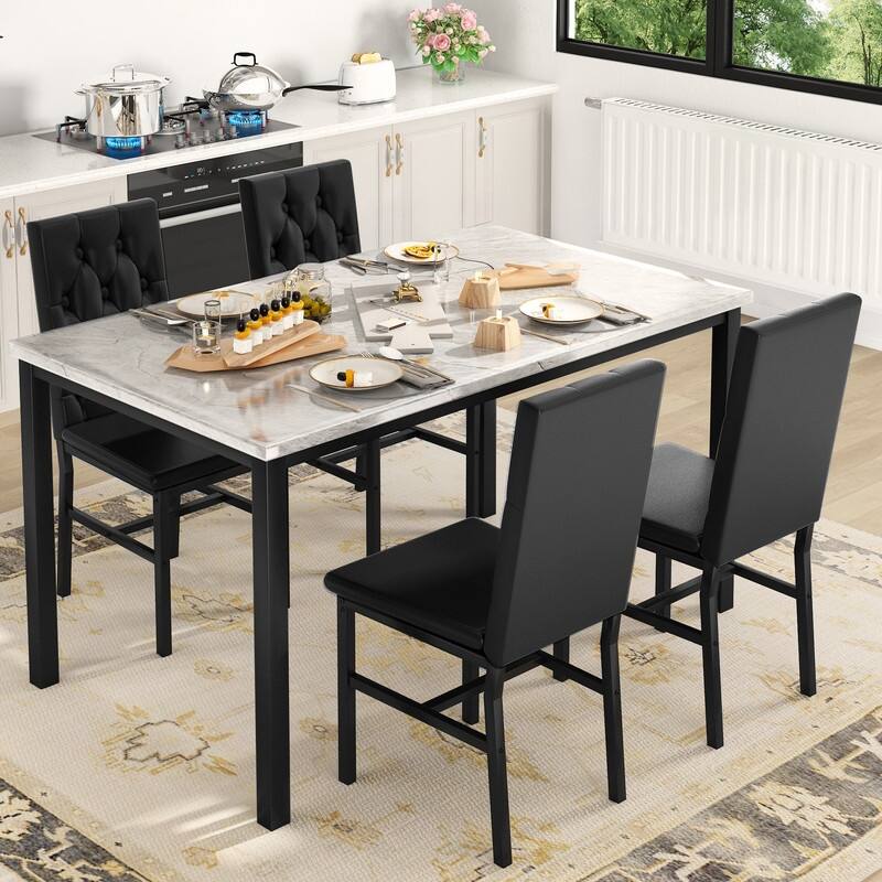 Grondin 5-Piece Dininng Room Table Set with 4 Upholstered Dining Chairs, Faux Marble Top And Metal Frame Dining Table Set Of 5