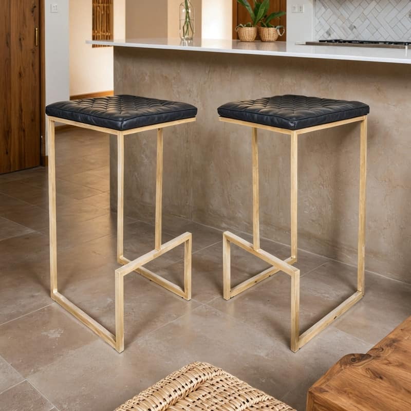 Quincy Set of 2 Modern Leather Barstool with Upholstered Square Seats in Gold Metal with Footrest for Home Bar & Kitchen Counter