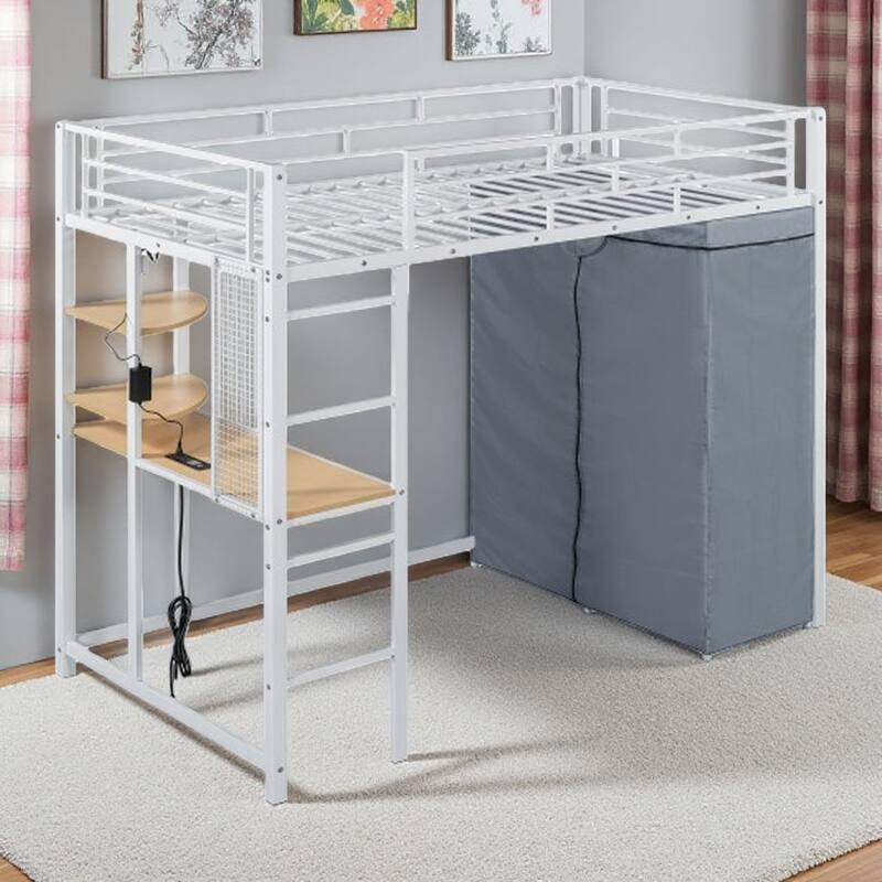 Full Size Metal Loft Bed with Workstation Desk, Built-In Shelves, LED Light Strip, Power Outlet & Hanging Wardrobe Storage - Twin White - Twin