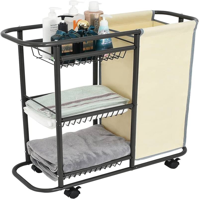 Laundry Sorter Cart Movable Bathroom Organizer - 27.7"D x 10.6"W x 29.5"H - Gray & Beige - 27.7"D x 10.6"W x 29.5"H