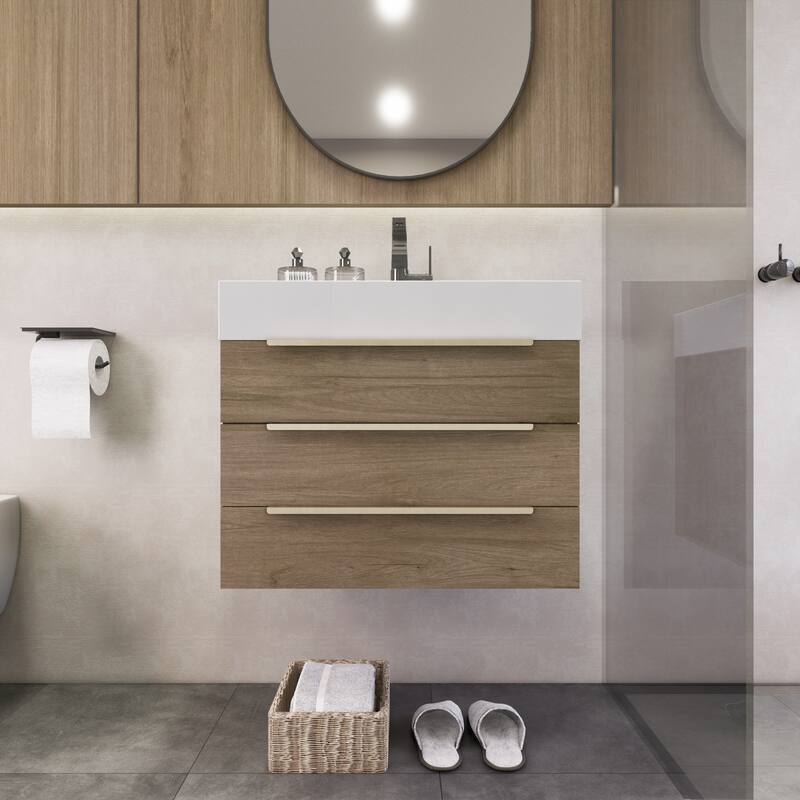 Noble 24" Wall Mounting Vanity with Reinforced Acrylic Sink - 24" Width - Wood Finish - White Oak