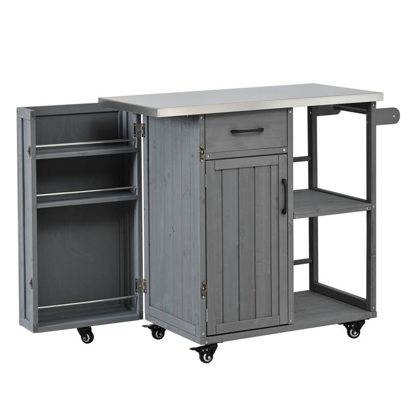 Fir Wood Outdoor Kitchen Prep Station Cart with Stainless Steel Top & Towel Rack