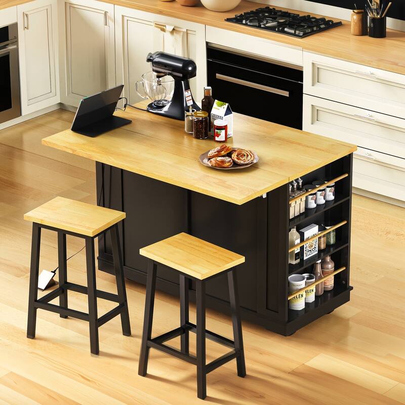 48'' Large Kitchen Island with Drop Leaf, Power Outlet, Rolling Wheels, and 5 Open Side Racks - 48'' x 29.75'' x 36.75''