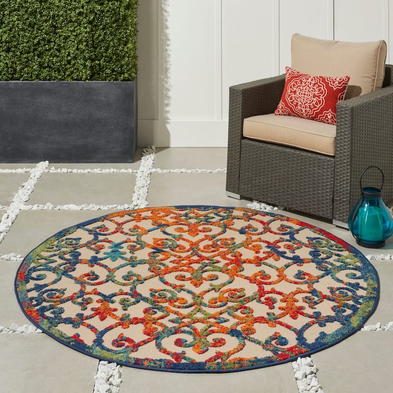 Nourison Aloha Transitional Scroll Indoor/Outdoor Damask Rug - 5'3" Round - Multi