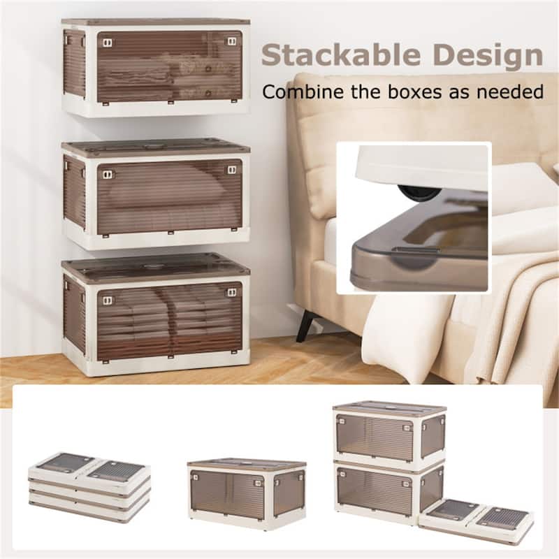 Cream White-Clear Brown Foldable Storage Bins 3-Pack with Wheels