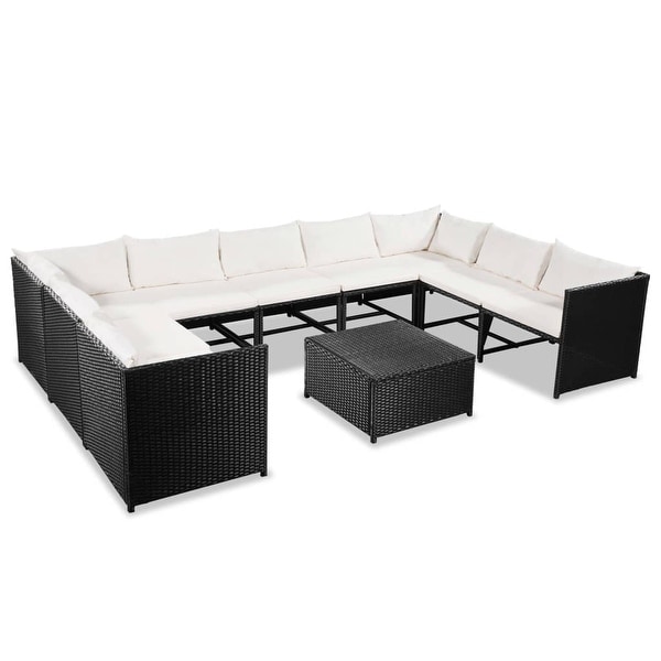 vidaXL 10 Piece Garden Lounge Set with Cushions Poly Rattan Black - 23.6" x 23.6" x 23.6"