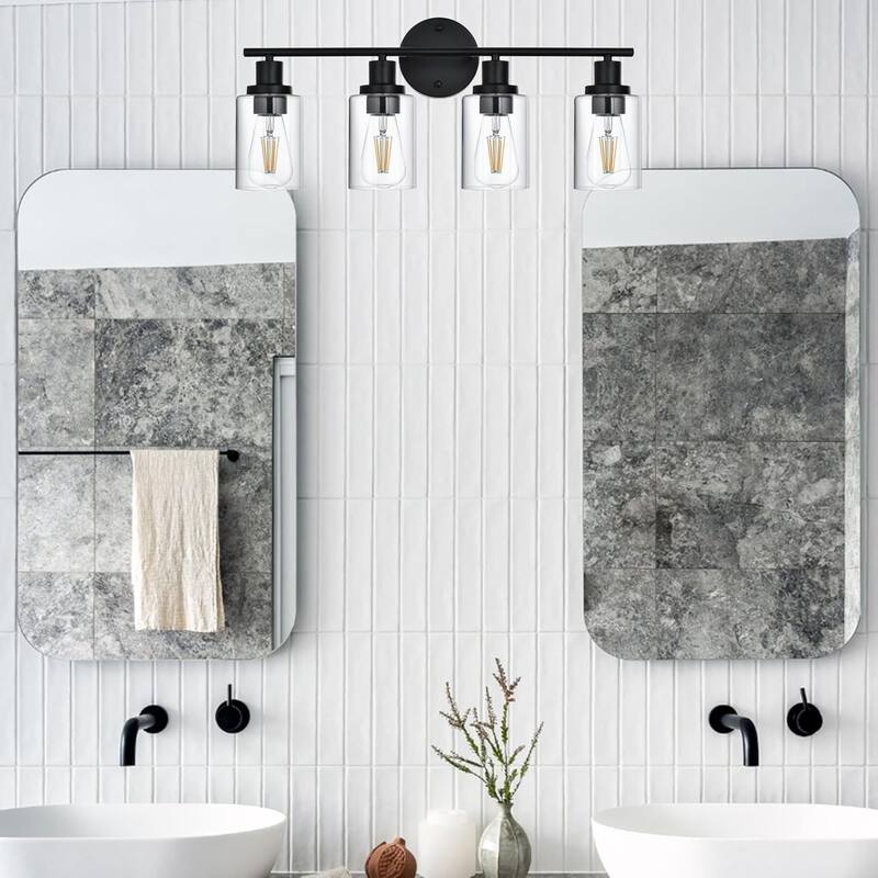 4-Light Bathroom Light Fixtures, Brushed Nickel Modern Vanity Lights Over Mirror with Clear Glass Shade, Bathroom Wall Lamp
