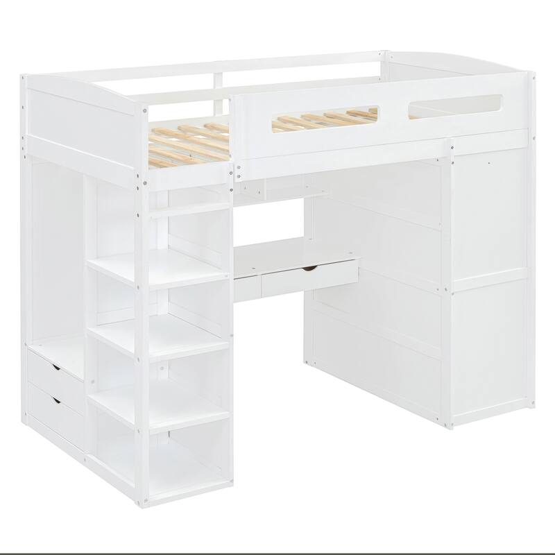 Twin/Full Size Loft Bed with Bulit-in Wardrobes, Desk and 4 Drawers, Solid Wood Loft Bedframe with 4-Tier Storage Shelves