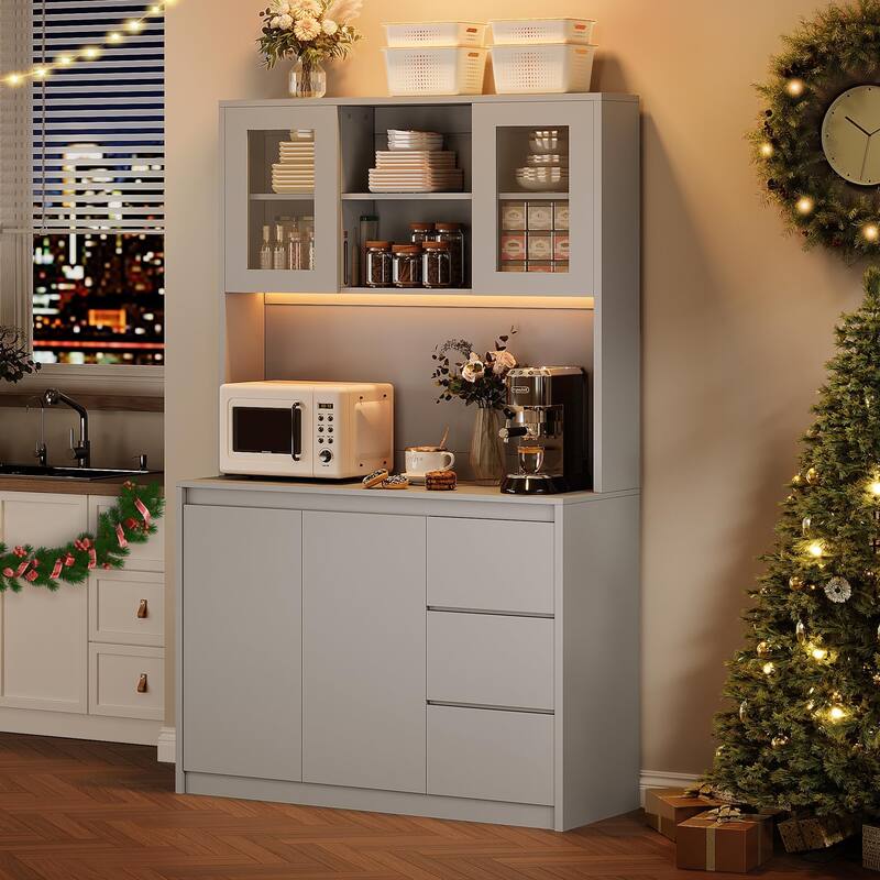 71" Pantry Cabinet with Charging Station,Tall Kitchen Pantry Storage Cabinet with Led Lights - Grey - Grey