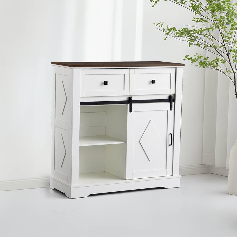 Coffee Bar Cabinet with Sliding Barn Door, Buffet Cabinet with Storage Shelves, Kitchen Sideboard with 2 Drawers