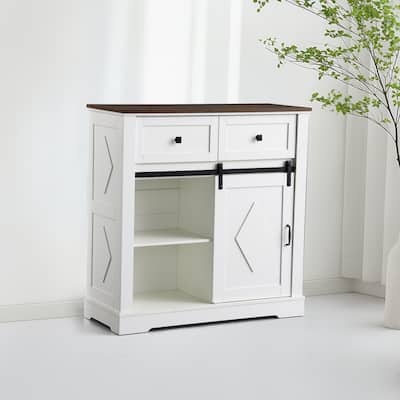 Sliding Barn Door Buffet Sideboard Storage Cabinet with Storage and 2 Drawers Coffee Bar for Dining Room Living Room