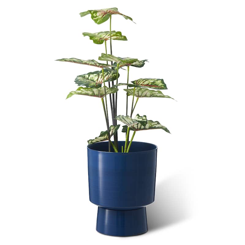 Glitzhome Set of 2 Faux Ceramic Cobalt Blue Flower Pots Urn Plastic Planter Front Porch Decor