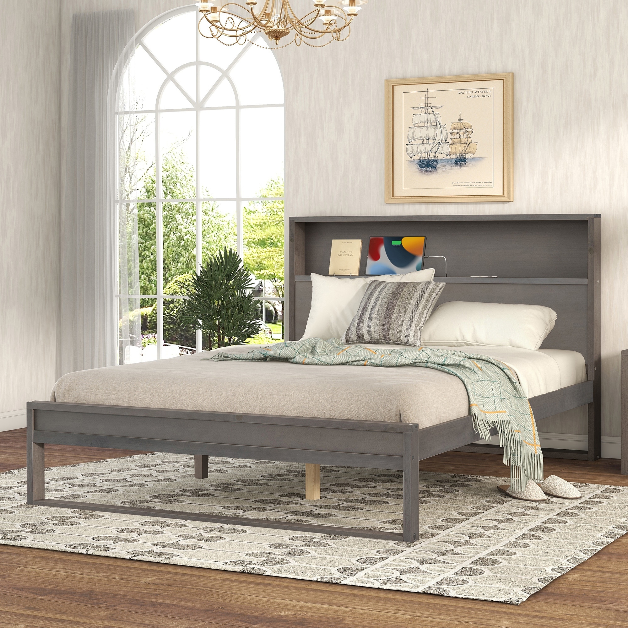 Queen Platform Bed with USB Ports, Storage Headboard, and No Box Spring Required