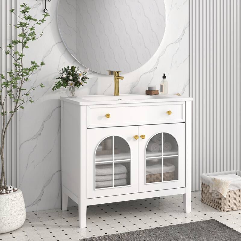 35.6" Mid-Century Bathroom Vanity Sink with Patterned Glass & Motion-sensor Light Strip, Freestanding