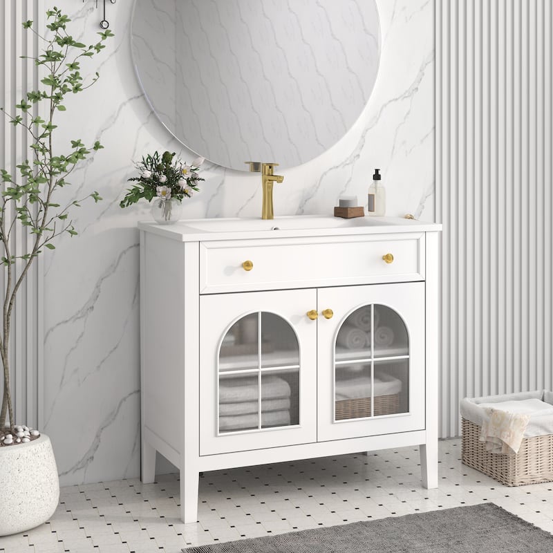 Modern Single Sink Bathroom Vanity Cabinet with Motion-sensor Light Strip & Patterned Glass, Ceramic Integrated Basin