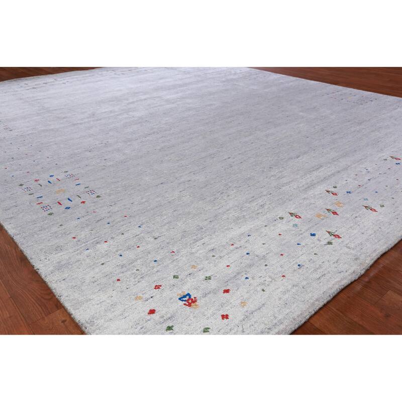 Hand Knotted Oriental Viscose Silk Carpet Tribal Stripe Greys & Charcoal Gabbeh Area Rug - 9' 8'' X 8' 2''
