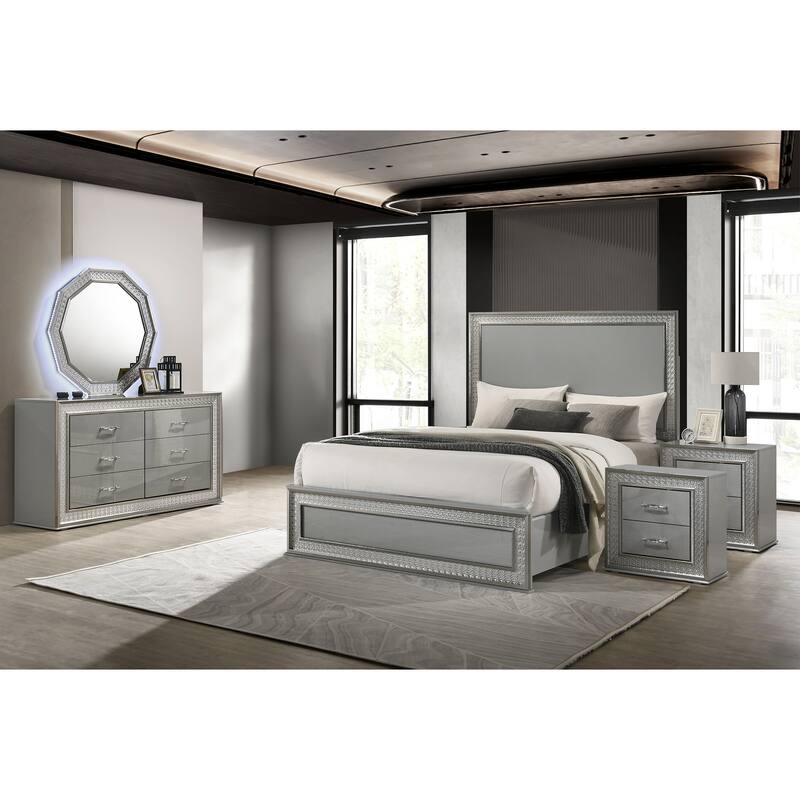 Furniture of America Isabella Glam 5-Piece Metallic Grey Gloss Queen Platform Bedroom Set - Metallic Grey