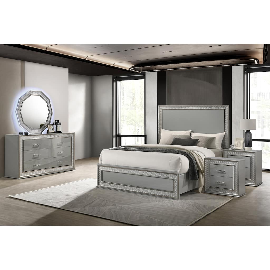 Furniture of America Isabella Glam 5-Piece Metallic Grey Gloss Queen Platform Bedroom Set