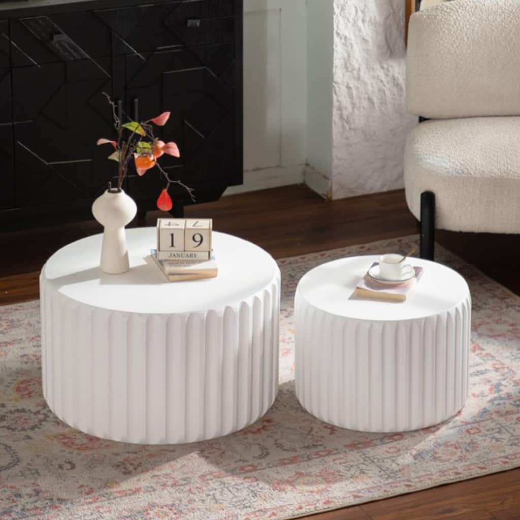 White Scalloped Round Coffee Table Set: Nesting Design, Elegant Curved-Edge Shape for Cozy Living Room Styling
