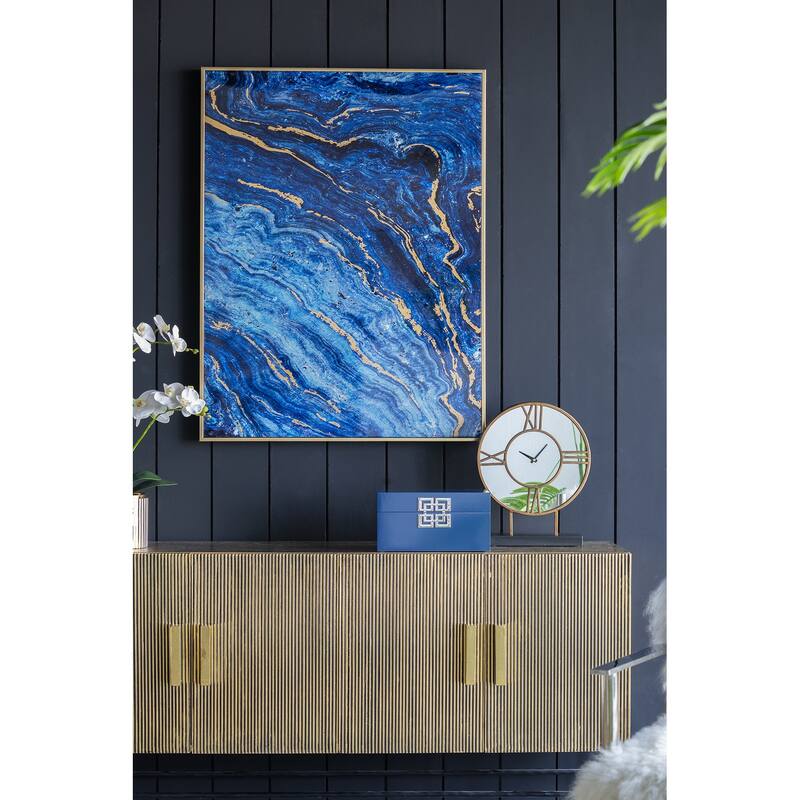 Set of 2, Modern Wall Decor Blue and Gold Framed Art Panels with Unique Marbled Design, for Home and office
