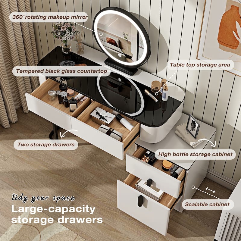 Modern Vanity Table with Tempered Glass Top, Adjustable Height Legs, Multi-functional Storage Cabinet and Round Mirror