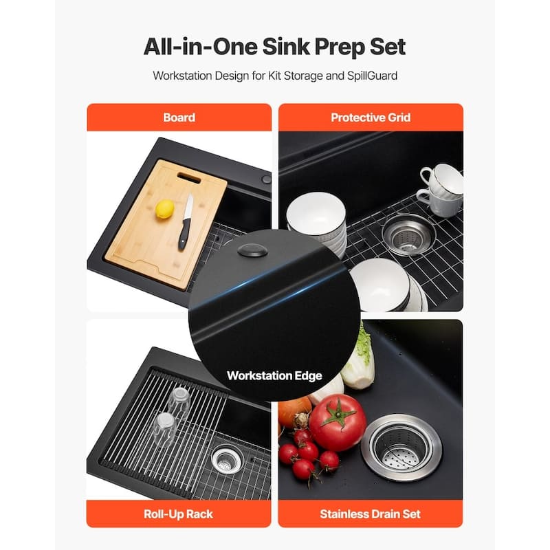 33" Top-Mount Black Kitchen Sink Granite Single Bowl with Roll-Up Rack and Cutting Board - 33" x 22" x 10"