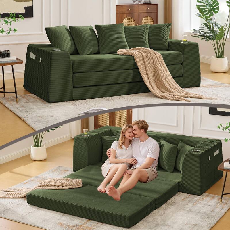 2 in 1 Convertible Sofa Bed, Sleeper Sofa with Storage Pockets, Pull Out Loveseat Couch with Two Cup Holders