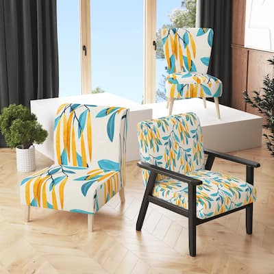 Designart "Blue And Yellow Floral Pattern" Upholstered Patterned Accent Chair and Arm Chair