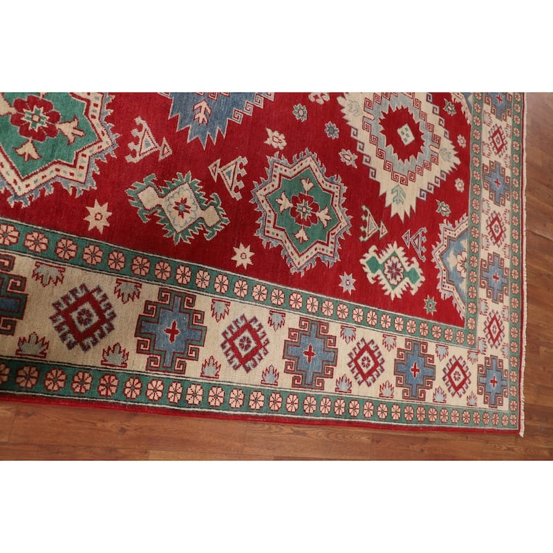 Geometric Red Kazak Oriental Area Rug Handmade Living Room Wool Carpet - 6'8" x 9'11"