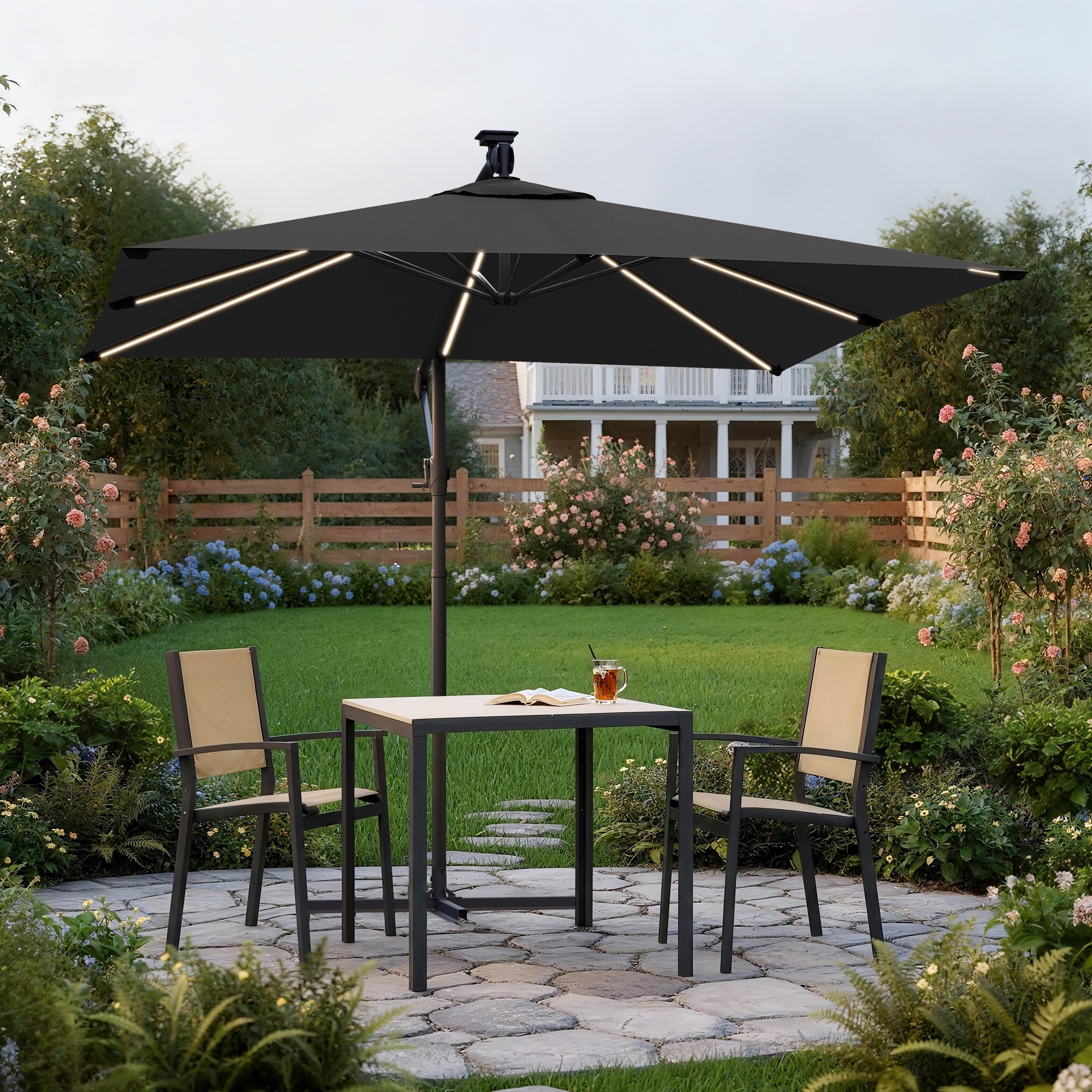 BONOSUKI 8.2ft Offset Umbrella Outdoor Patio Cantilever Hanging Umbrella with Solar Lights Base Not Included
