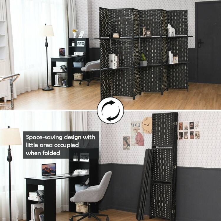 6 Panel Folding Weave Fiber Multipurpose Room Divider with 2 Display Shelves - 95" x 71" (L x H)